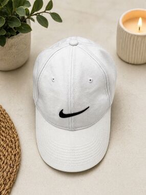 Nike White Baseball Cap with Black Swoosh, Adjustable.
